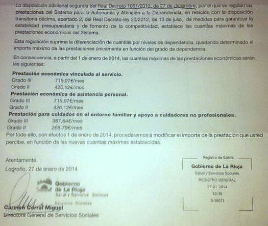 Carta recibida por dependientes riojanos